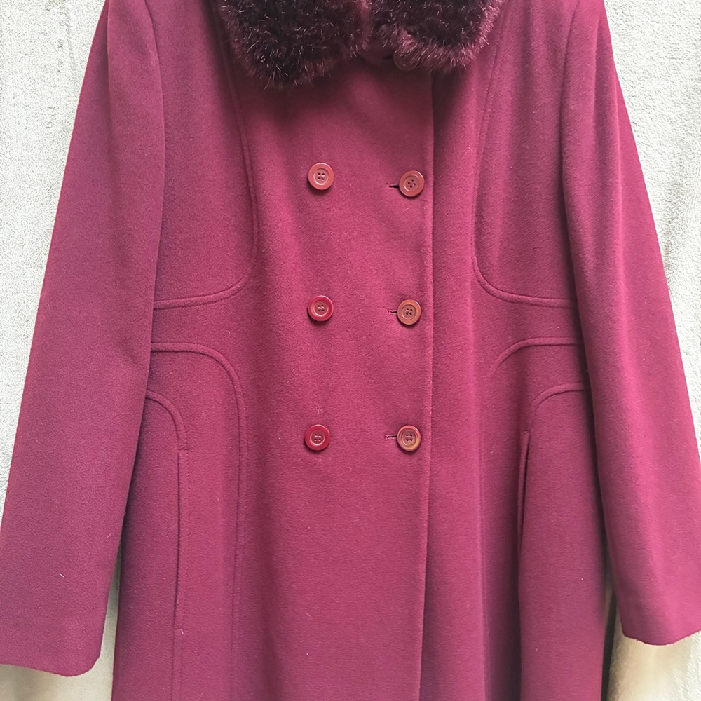 Precis Petite Wool Cashmere Pea Coat Size 14 Burgundy Faux Fur Timeless Winter - Picture 3 of 16